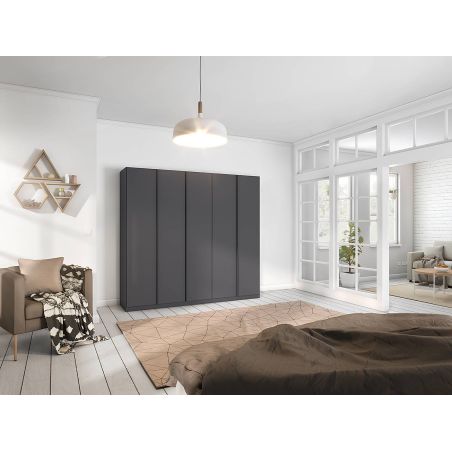 Armoire 5 portes 226 cm OBERON en décor gris métal avec accessoires intérieurs inclus