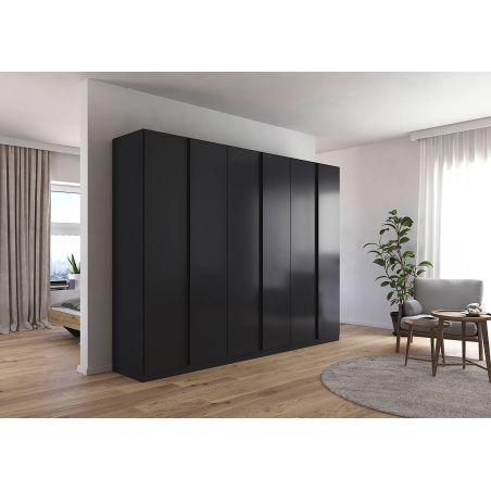 Armoire 6 portes 271 cm OBERON en décor gris métal avec accessoires intérieurs inclus