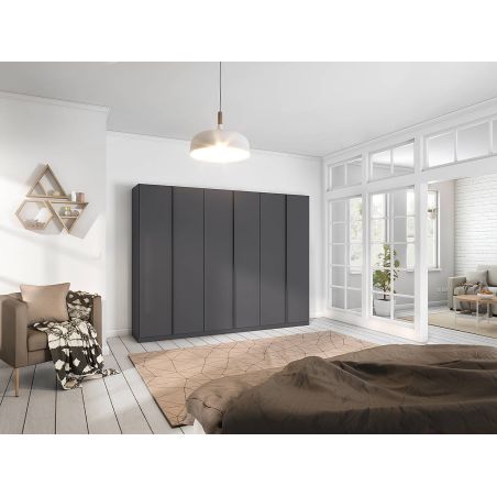 Armoire 6 portes 271 cm OBERON en décor gris métal avec accessoires intérieurs inclus