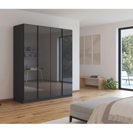 Armoire 4 portes 181 cm OBERON en décor verre brillant basalte avec accessoires intérieurs inclus