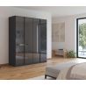 Armoire 4 portes 181 cm OBERON en décor verre brillant basalte avec accessoires intérieurs inclus