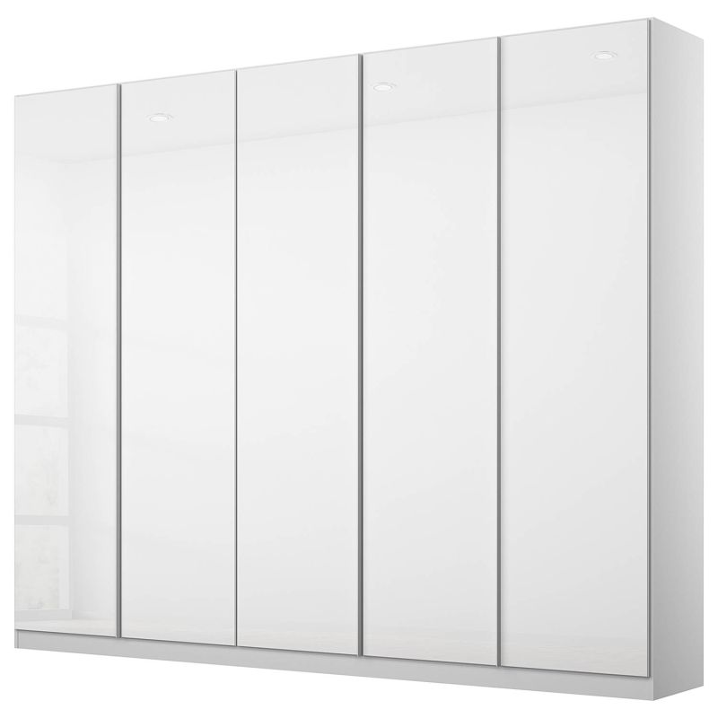 Armoire 5 portes 226 cm OBERON en décor verre brillant blanc avec accessoires intérieurs inclus