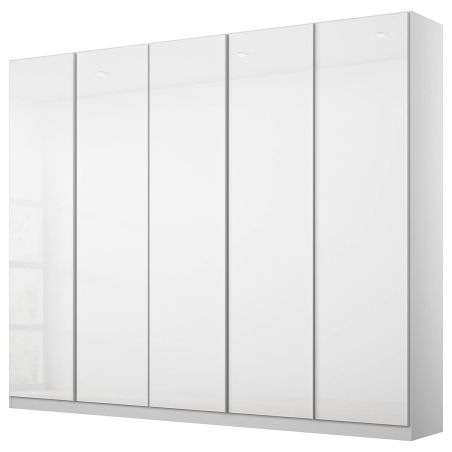 Armoire 5 portes 226 cm OBERON en décor verre brillant blanc avec accessoires intérieurs inclus