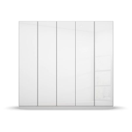 Armoire 5 portes 226 cm OBERON en décor verre brillant blanc avec accessoires intérieurs inclus