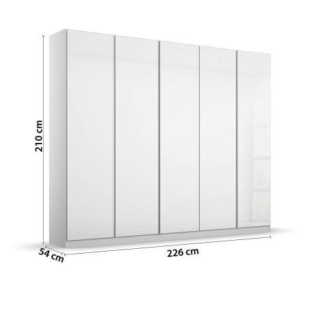 Armoire 5 portes 226 cm OBERON en décor verre brillant blanc avec accessoires intérieurs inclus