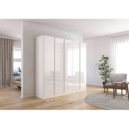 Armoire 5 portes 226 cm OBERON en décor verre brillant blanc avec accessoires intérieurs inclus