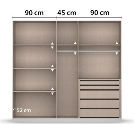 Armoire 5 portes 226 cm OBERON en décor verre brillant blanc avec accessoires intérieurs inclus