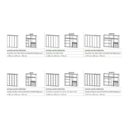 Armoire 5 portes 226 cm OBERON en décor verre brillant basalte avec accessoires intérieurs inclus