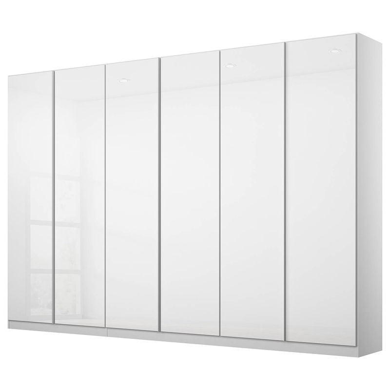Armoire 6 portes 271 cm OBERON en décor verre brillant blanc avec accessoires intérieurs inclus