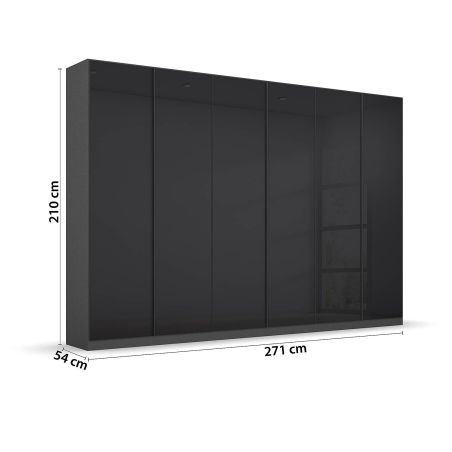 Armoire 6 portes 271 cm OBERON en décor verre brillant basalte avec accessoires intérieurs inclus
