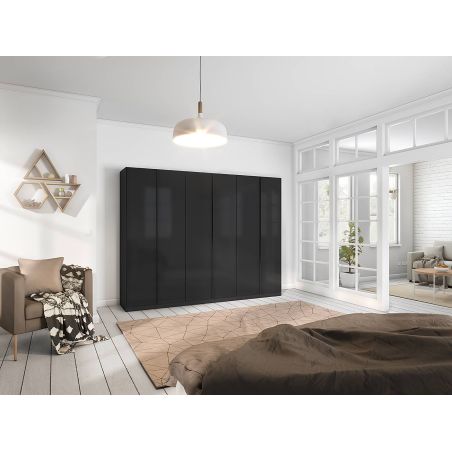 Armoire 6 portes 271 cm OBERON en décor verre brillant basalte avec accessoires intérieurs inclus