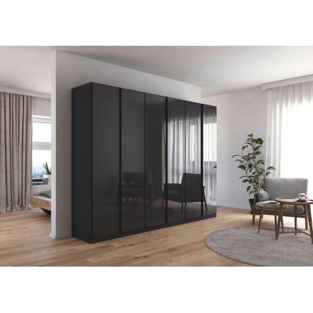 Armoire 6 portes 271 cm OBERON en décor verre brillant basalte avec accessoires intérieurs inclus