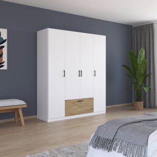 Armoire 181 cm BLISS avec 4 portes et 1 tiroir en décor blanc mat et chêne artisan