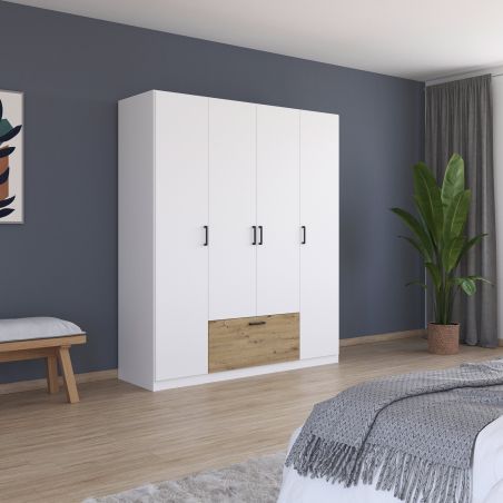 Armoire 181 cm BLISS avec 4 portes et 1 tiroir en décor blanc mat et chêne artisan