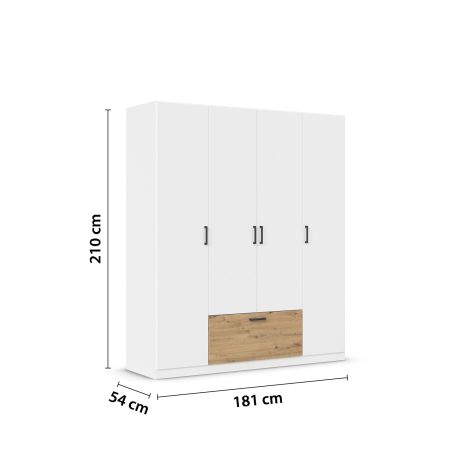 Armoire 181 cm BLISS avec 4 portes et 1 tiroir en décor blanc mat et chêne artisan