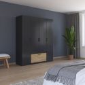 Armoire 181 cm BLISS avec 4 portes et 1 tiroir en décor gris métal mat et chêne artisan