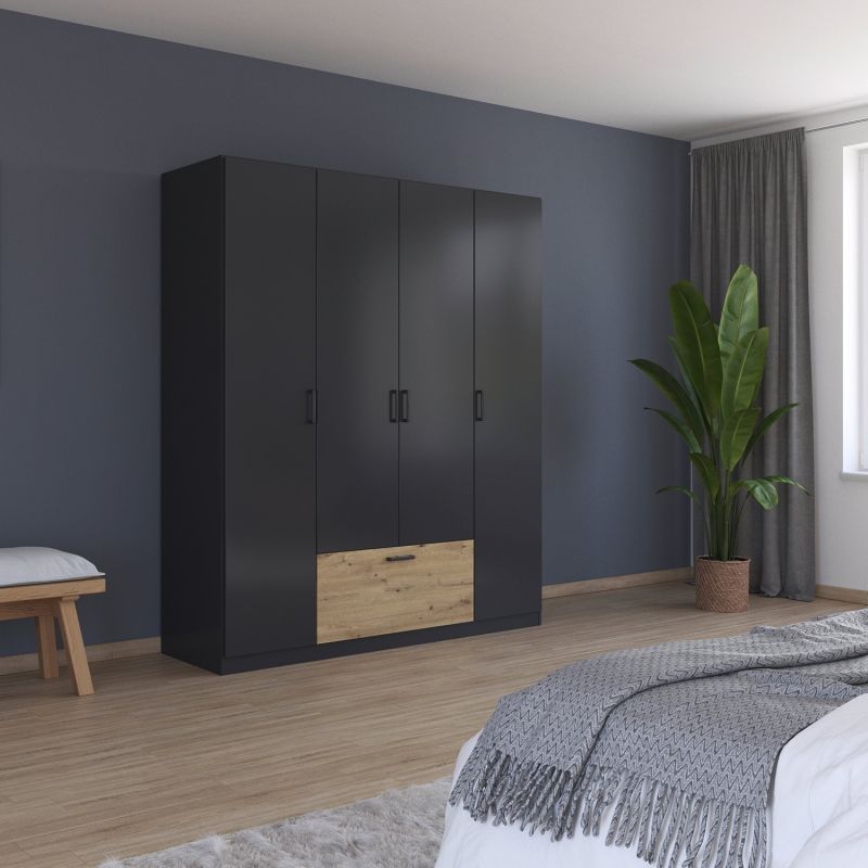 Armoire 181 cm BLISS avec 4 portes et 1 tiroir en décor gris métal mat et chêne artisan