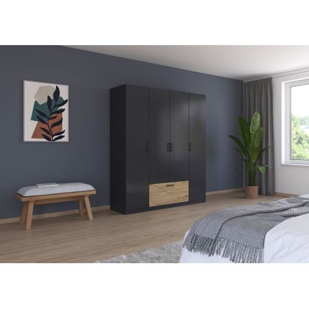 Armoire 181 cm BLISS avec 4 portes et 1 tiroir en décor gris métal mat et chêne artisan