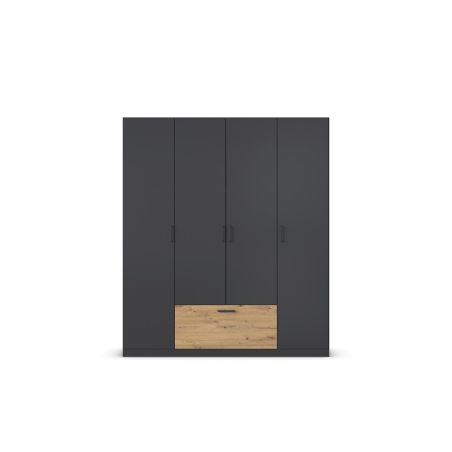 Armoire 181 cm BLISS avec 4 portes et 1 tiroir en décor gris métal mat et chêne artisan