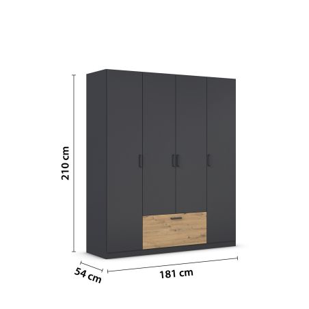 Armoire 181 cm BLISS avec 4 portes et 1 tiroir en décor gris métal mat et chêne artisan