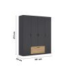 Armoire 181 cm BLISS avec 4 portes et 1 tiroir en décor gris métal mat et chêne artisan