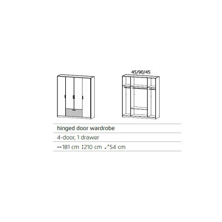 Armoire 181 cm BLISS avec 4 portes et 1 tiroir en décor gris métal mat et chêne artisan