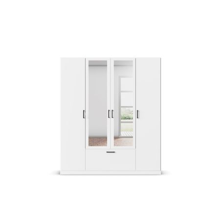 Armoire 181 cm BLISS avec 2 portes pleines, 2 portes miroirs et 1 tiroir en décor blanc mat