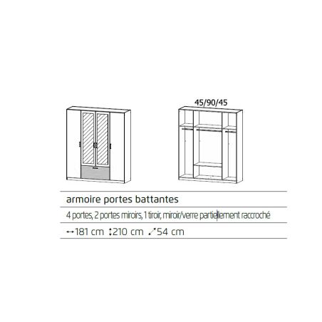 Armoire 181 cm BLISS avec 2 portes pleines, 2 portes miroirs et 1 tiroir en décor blanc mat