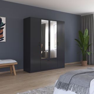 Armoire 181 cm BLISS avec 2 portes pleines, 2 portes miroirs et 1 tiroir en décor gris métal mat