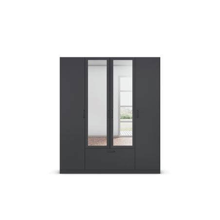 Armoire 181 cm BLISS avec 2 portes pleines, 2 portes miroirs et 1 tiroir en décor gris métal mat