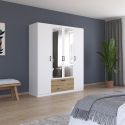 Armoire 181 cm BLISS avec 2 portes pleines, 2 portes miroirs et 1 tiroir en décor blanc mat et chêne artisan