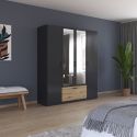 Armoire 181 cm BLISS avec 2 portes pleines, 2 portes miroirs et 1 tiroir en décor gris métal mat et chêne artisan