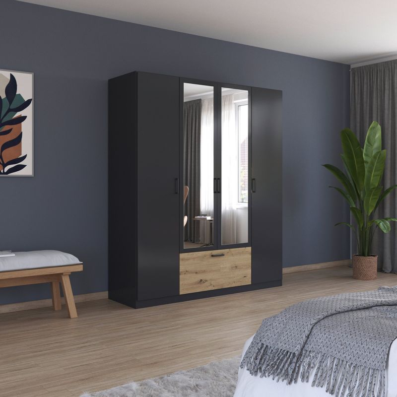 Armoire 181 cm BLISS avec 2 portes pleines, 2 portes miroirs et 1 tiroir en décor gris métal mat et chêne artisan