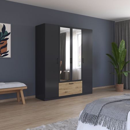 Armoire 181 cm BLISS avec 2 portes pleines, 2 portes miroirs et 1 tiroir en décor gris métal mat et chêne artisan