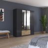 Armoire 181 cm BLISS avec 2 portes pleines, 2 portes miroirs et 1 tiroir en décor gris métal mat et chêne artisan