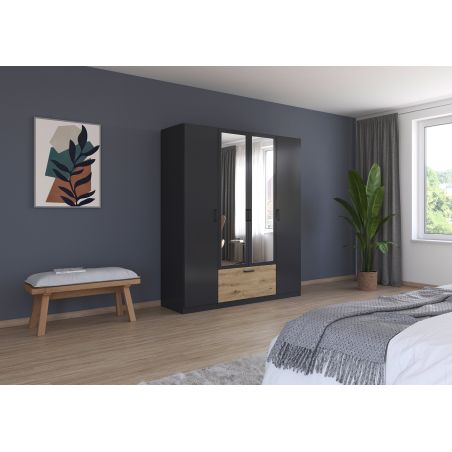 Armoire 181 cm BLISS avec 2 portes pleines, 2 portes miroirs et 1 tiroir en décor gris métal mat et chêne artisan