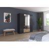 Armoire 181 cm BLISS avec 2 portes pleines, 2 portes miroirs et 1 tiroir en décor gris métal mat et chêne artisan