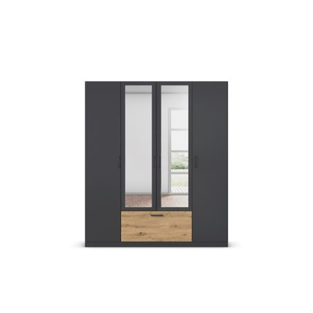 Armoire 181 cm BLISS avec 2 portes pleines, 2 portes miroirs et 1 tiroir en décor gris métal mat et chêne artisan