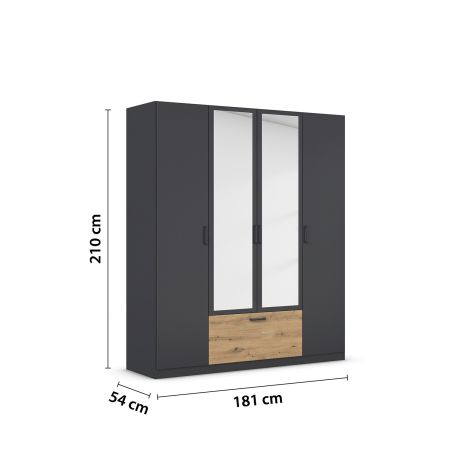 Armoire 181 cm BLISS avec 2 portes pleines, 2 portes miroirs et 1 tiroir en décor gris métal mat et chêne artisan