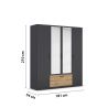 Armoire 181 cm BLISS avec 2 portes pleines, 2 portes miroirs et 1 tiroir en décor gris métal mat et chêne artisan
