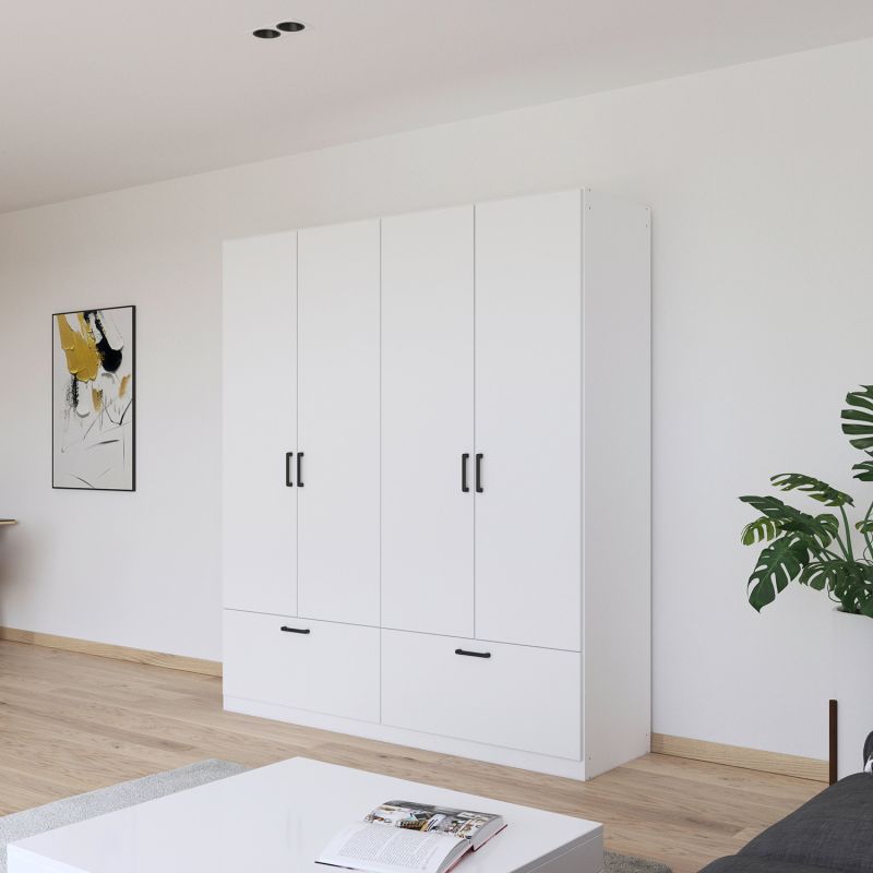 Armoire 181 cm BLISS avec 4 portes et 2 tiroirs en décor blanc mat