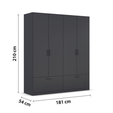 Armoire 181 cm BLISS avec 4 portes et 2 tiroirs en décor gris métal mat