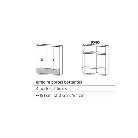 Armoire 181 cm BLISS avec 4 portes et 2 tiroirs en décor gris métal mat