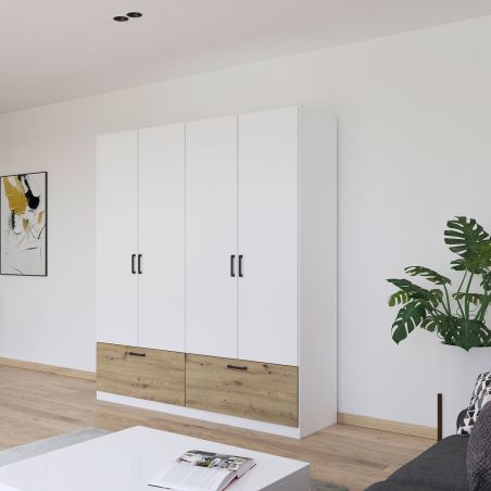 Armoire 181 cm BLISS avec 4 portes et 2 tiroirs en décor blanc mat et chêne artisan