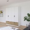 Armoire 181 cm BLISS avec 4 portes et 2 tiroirs en décor blanc mat et chêne artisan