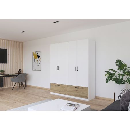 Armoire 181 cm BLISS avec 4 portes et 2 tiroirs en décor blanc mat et chêne artisan
