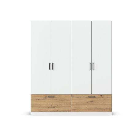 Armoire 181 cm BLISS avec 4 portes et 2 tiroirs en décor blanc mat et chêne artisan