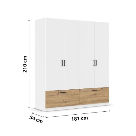 Armoire 181 cm BLISS avec 4 portes et 2 tiroirs en décor blanc mat et chêne artisan
