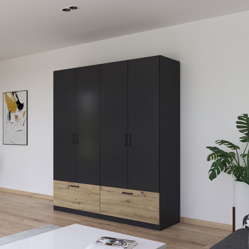 Armoire 181 cm BLISS avec 4 portes et 2 tiroirs en décor gris métal mat et chêne artisan