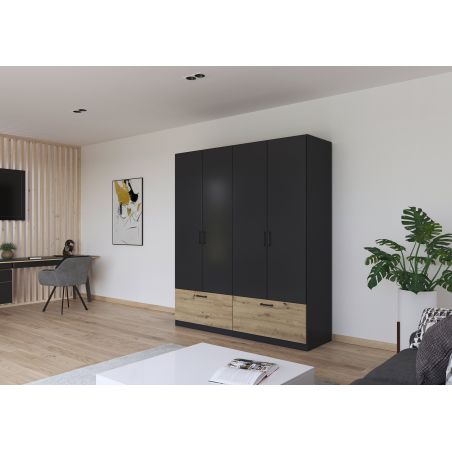 Armoire 181 cm BLISS avec 4 portes et 2 tiroirs en décor gris métal mat et chêne artisan